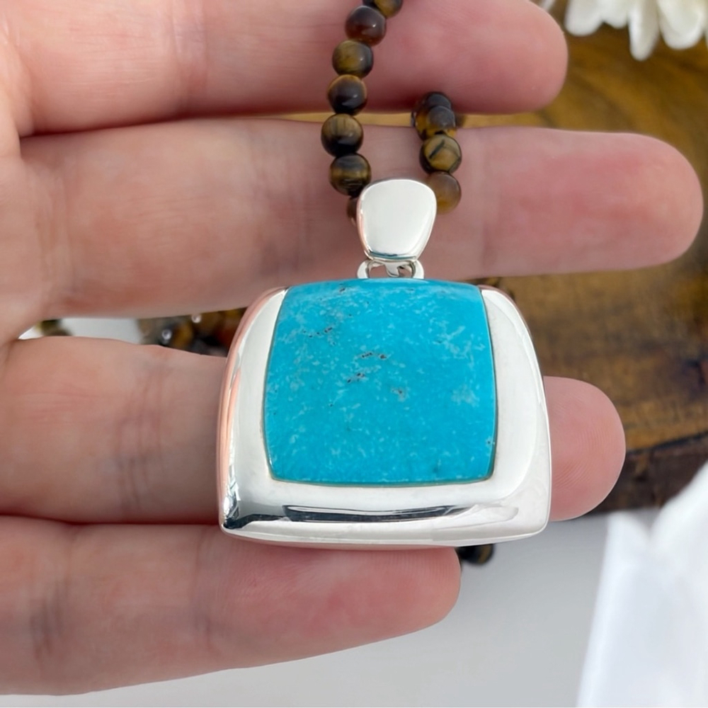 Vintage Sterling Silver 925 Turquoise Pendant Tiger’s Eye Necklace Southwest - Picture 8 of 13